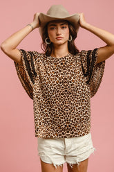 BiBi Leopard Crochet Trim Round Neck Short Sleeve Top Leopard OutfitFlow