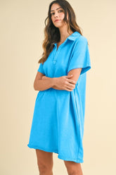 Annie Wear Mineral Washed Johnny Collar Short Sleeve Dress Sky Blue OutfitFlow