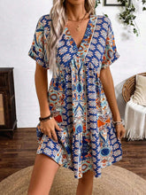 Printed V-Neck Short Sleeve Dress Navy OutfitFlow
