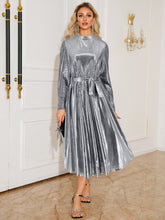 Tie Waist Long Sleeve Midi Dress Silver OutfitFlow
