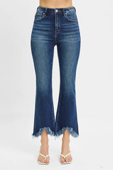 RISEN High Rise Crop Bootcut Fray Hem Jeans Dark OutfitFlow