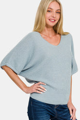Zenana V-Neck Short Sleeve Dolman Sweater Blue Grey OutfitFlow