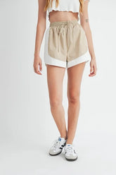 MABLE Drawstring Waist Contrast Trim Detail Shorts Taupe OutfitFlow