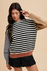 Annie Wear Striped Color Block Round Neck Sweater Ivory Black OutfitFlow