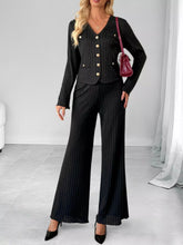 Ribbed Knit Cardigan & Wide Leg Pants Set Black OutfitFlow