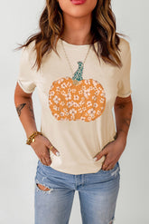 Pumpkin Graphic Round Neck Cuffed T-Shirt Cream OutfitFlow