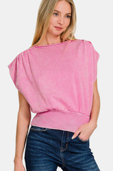 Zenana Washed Boat Neck Bottom Banded Dolman Sleeve Top Candy Pink OutfitFlow