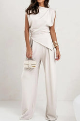 Round Neck Top and Pants Set White OutfitFlow
