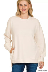 Zenana Full Size Acid Washed Double Ribbed Hi-low Sweatshirt Plus Size SAND BEIGE OutfitFlow