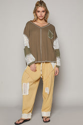 POL V-Neck Lace Balloon Sleeve Exposed Seam Top Khaki Olive OutfitFlow