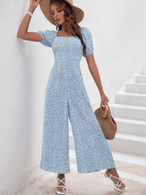 Printed Square Neck Puff Sleeve Jumpsuit Light Blue OutfitFlow