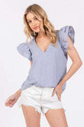 Ces Femme Striped V-Neck Ruffled Cap Sleeve Blouse BLUE OutfitFlow