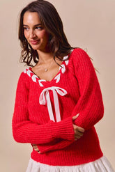 SO ME Satin Tape Braided Ribbon Tie V Neck Sweater RED OutfitFlow