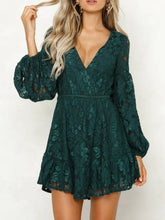 Lace V-Neck Long Sleeve Mini Dress Dark Green OutfitFlow