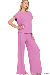 Zenana Rolled Sleeve Top and Pants Sweater Set MAUVE OutfitFlow