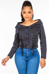 American Bazi Off Shoulder Lace Up Denim Jacket Black OutfitFlow