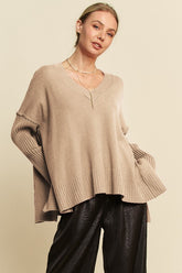 Davi & Dani Ribbed Side Slit V-Neck Sweater Tan OutfitFlow