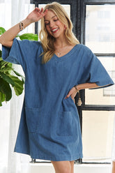 ADORA V-Neck Half Sleeve Mini Denim Dress Peacock Blue OutfitFlow