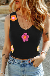 Flower Scoop Neck Knit Vest Black OutfitFlow