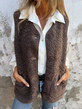 Full Size Pocketed Button Up V-Neck Sherpa Vest Coffee Brown OutfitFlow