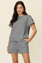 Double Take Full Size Texture Short Sleeve T-Shirt and Drawstring Shorts Set Gray OutfitFlow