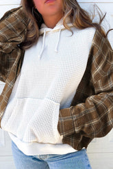 Waffle Knit Plaid Long Sleeve Kangaroo Pocket Hoodie White OutfitFlow