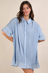 VERY J Pleated Detail Button Down Mini Dress Sky OutfitFlow