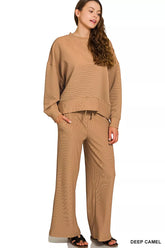 Zenana Ribbed Round Neck Pullover and Drawstring Pants Set DEEP CAMEL OutfitFlow
