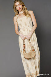 Umgee Smocked Printed Wide Leg Jumpsuit CREAM LATTE OutfitFlow