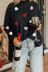 Valentine’s Day Heart Patched Turtleneck Long Sleeve Top Black OutfitFlow