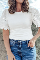 Eyelet Short Sleeve Patchwork Ribbed Top White OutfitFlow