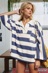 Oh Striped Johnny Collar Long Sleeve T-Shirt Dusty Blue OutfitFlow