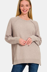 Zenana Side Slit Raglan Sleeve Sweater Light Mocha OutfitFlow