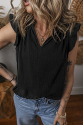 Ruffled Shoulder Notched Shift Tank Top Black OutfitFlow