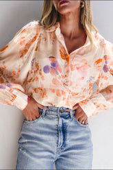 Printed Collared Neck Long Sleeve Shirt Sherbet OutfitFlow