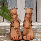 Studded Toe Loop Flat Sandals Brown OutfitFlow