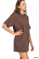 Zenana Short Sleeve Mini Tee Dress BROWN OutfitFlow