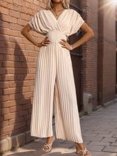 Perfee Pleated Short Sleeve Wide Leg Jumpsuit Apricot OutfitFlow
