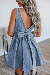 V-Back Bow Tie Denim Skater Dress Light Blue OutfitFlow