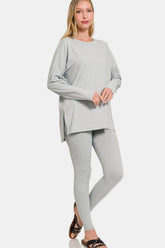 Zenana Full Size Brushed Microfiber Top and Leggings Lounge Set Lt Grey OutfitFlow