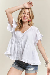 ADORA Button Down Ruffled Babydoll Blouse WHITE OutfitFlow