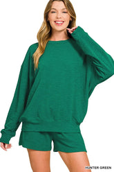 Zenana Slub Long Sleeve Top and Shorts Set HUNTER GREEN OutfitFlow