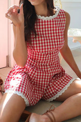 Lace Detail Plaid Sleeveless Romper Scarlet OutfitFlow