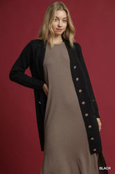 Umgee Button-Down Longline Sweater Cardigan with Front Pockets Black OutfitFlow