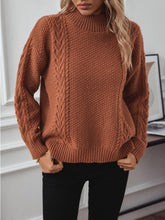 Cable-Knit Mock Neck Long Sleeve Sweater Caramel OutfitFlow