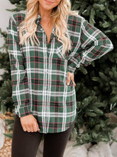 Plaid Collared Neck Long Sleeve Shirt Green OutfitFlow