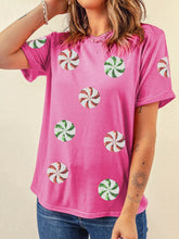 Sequined Candy Swirl Christmas Short Sleeve T Shirt Fuchsia Pink OutfitFlow