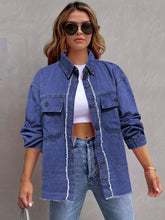 Pocketed Collared Neck Long Sleeve Denim Shirt Medium OutfitFlow