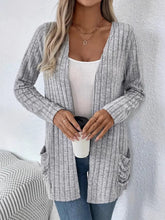 Ribbed Open Front Long Sleeve Cardigan with Pockets Light Gray OutfitFlow