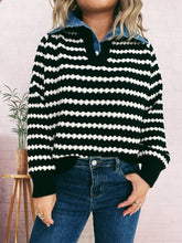 Contrast Striped Sweater with Denim Collar Black One Size OutfitFlow
